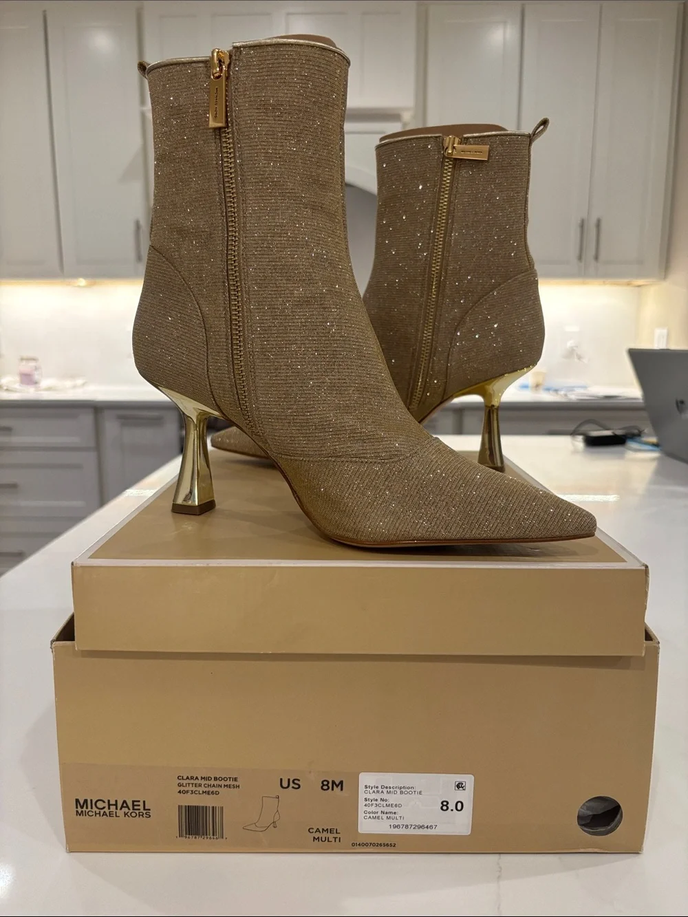 Michael Kors Camel Glitter Pointed-Toe Ankle Booties with Gold Heel